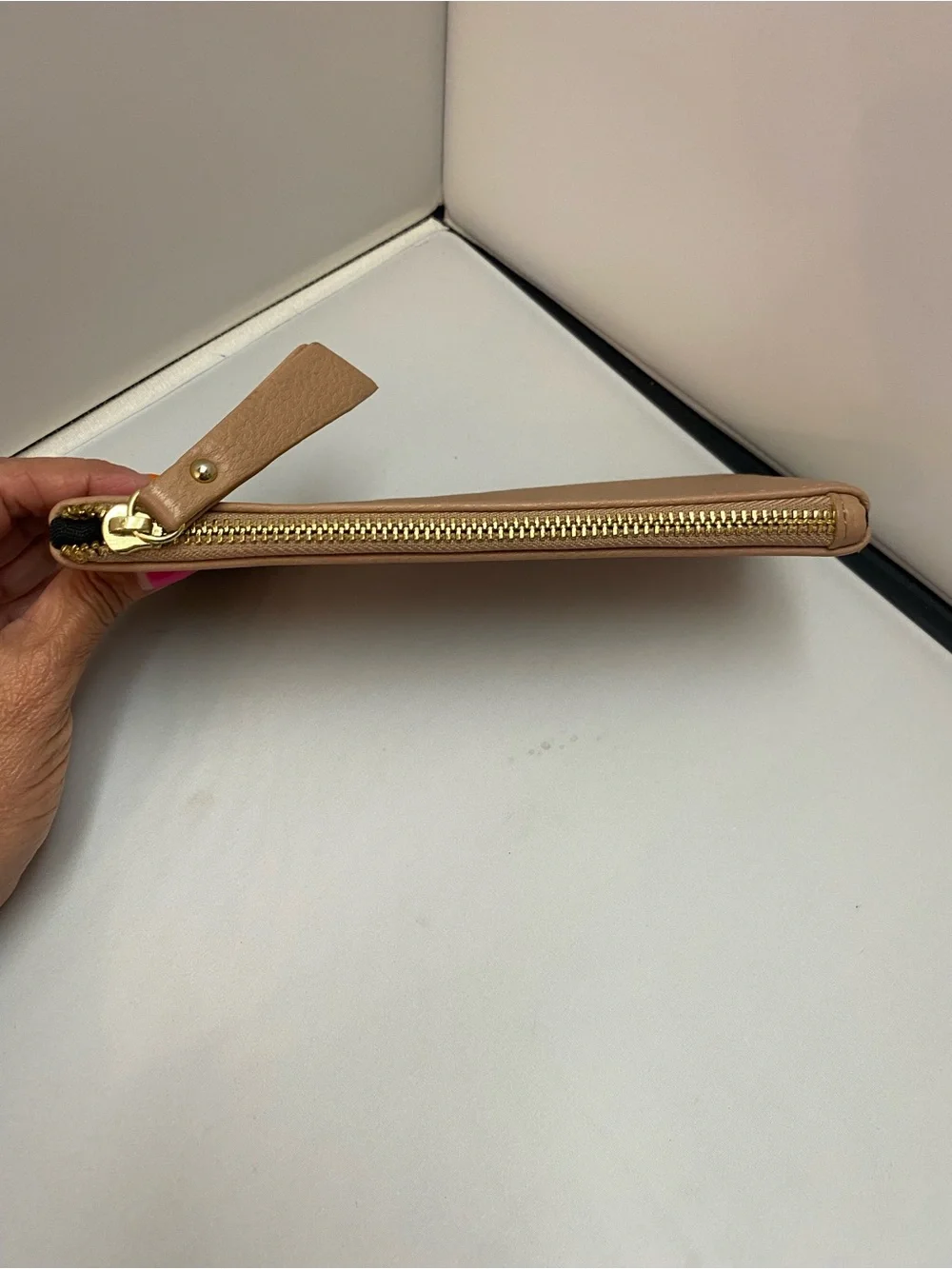 Steve Madden Beige Zip-Top Cosmetic Wristlet with Gold Hardware